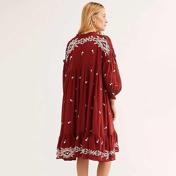 ❌SOLD❌NWT Free people Long Sleeve loose dress terracotta with white embroidery - Picture 3 of 5